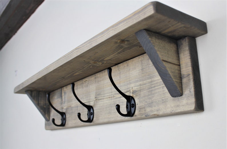 Rustic Reclaimed Wooden Coat Rack Coat Hooks With Shelf Wall Mounted Solid Wood Aged Grey Medium Dark Oak Wax Colour Cast Iron Hooks Aged Grey