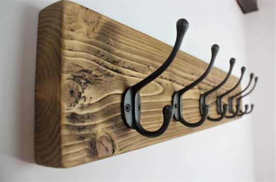 Rustic Wooden Coat Rack With Large Cast Iron Hooks Vintage Handmade Antique  Coat Hooks Wall Mounted Oak Wax 