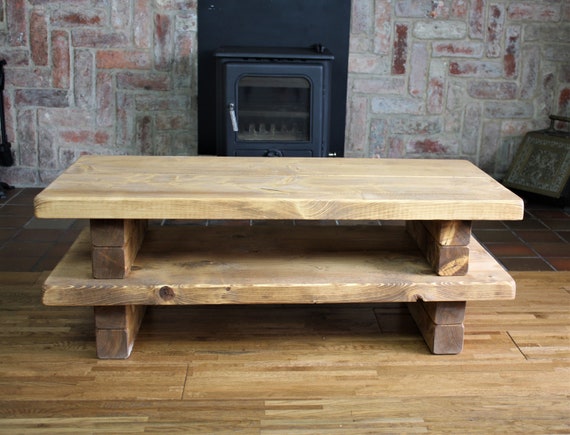Rustic Stacked Style Coffee Table Solid Wood Medium Oak Colour Reclaimed Style Farmhouse Furniture Etsy UK