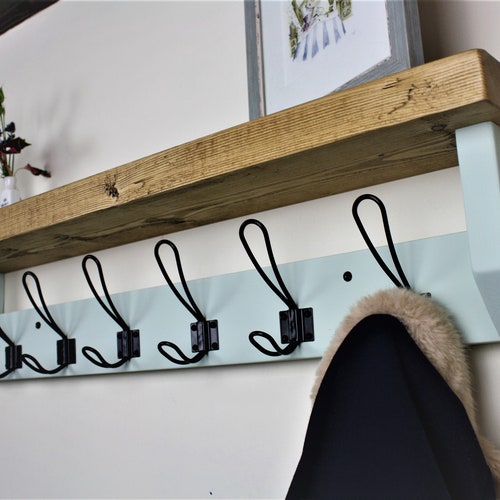 White Coat Rack Shelf With Hooks Wall Mounted Rustic Shelf Etsy UK