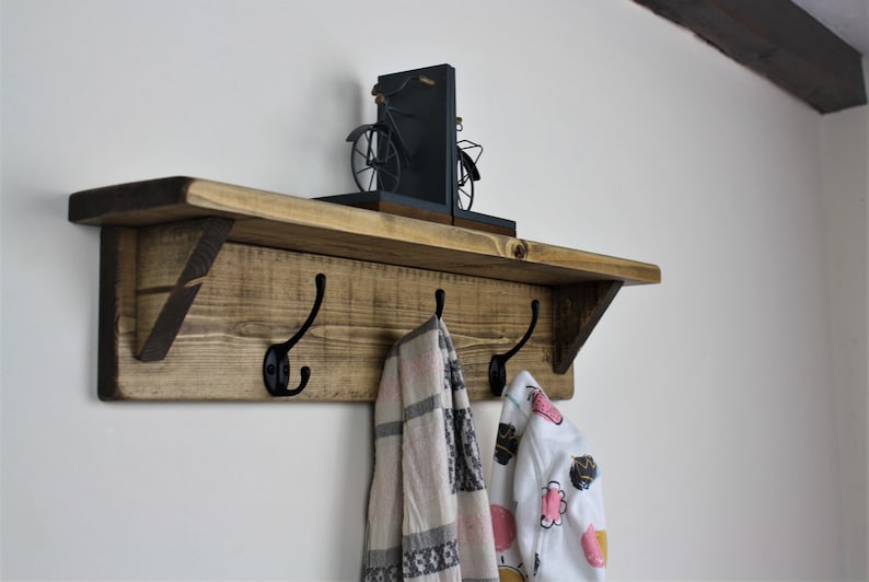 Rustic Reclaimed Wooden Coat Rack Coat Hooks With Shelf Wall Mounted Solid Wood Aged Grey Medium Dark Oak Wax Colour Cast Iron Hooks bild 1