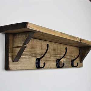 Rustic Reclaimed Wooden Coat Rack Coat Hooks With Shelf Wall Mounted Solid Wood Aged Grey Medium Dark Oak Wax Colour Cast Iron Hooks Dark Oak