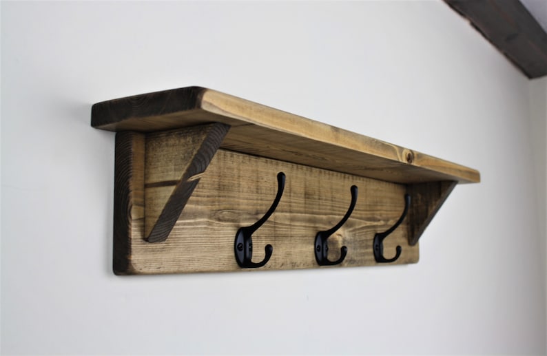 Rustic Reclaimed Wooden Coat Rack Coat Hooks With Shelf Wall Mounted Solid Wood Aged Grey Medium Dark Oak Wax Colour Cast Iron Hooks Dark Oak