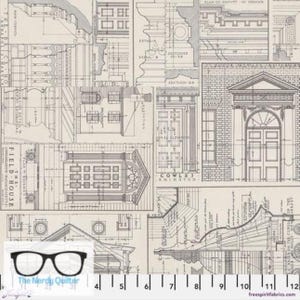 May include: A vintage architectural blueprint pattern featuring black and white line drawings of a house, windows, doors, and other architectural details. The pattern is on a cream background.