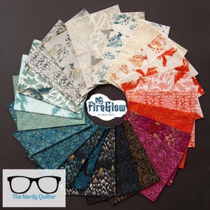 May include: A fan-shaped collection of fabric swatches featuring diverse patterns including dragons, scales, and swirling motifs in a gradient from cream and orange to red, purple, and dark blue. A central label reads FireGlow by Sarah Watts.