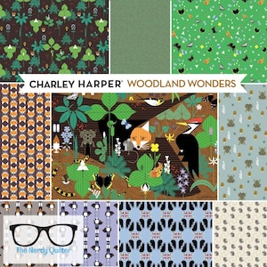May include: A selection of fabric swatches displaying Charley Harper's "Woodland Wonders" designs. The fabrics feature diverse patterns, such as forest scenes, foxes, butterflies, and geometric shapes. The Nerdy Quilter logo is also visible.