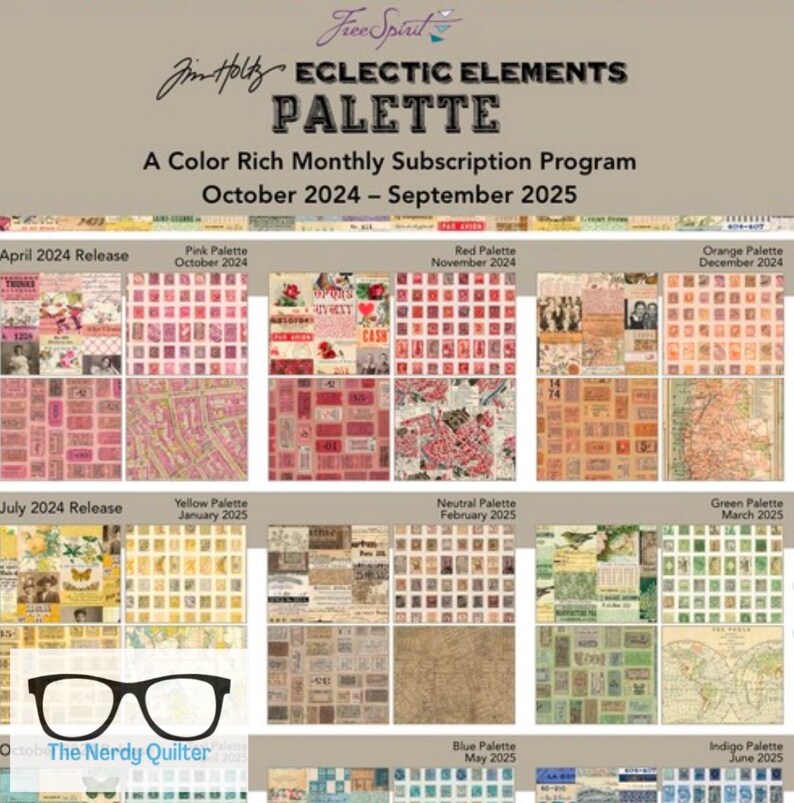 以下が含まれることがあります： Tim Holtzの「Eclectic Elements Palette」サブスクリプションプログラムのプロモーション画像。2024年10月から2025年9月までの毎月のリリースを表すさまざまなカラーパレットが特徴です。パレットには、ピンク、赤、オレンジ、黄色、ニュートラル、緑、青、インディゴが含まれています。