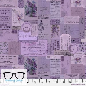 May include: A purple and white fabric with a repeating pattern of vintage labels, stamps, and floral designs. The fabric features text in French, including "Le Pratique" and "Ree Extra Marque LLe Jardiniere".