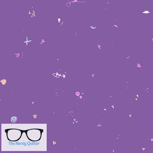 May include: Purple fabric with a scattered pattern of small, colorful scribbles and shapes.