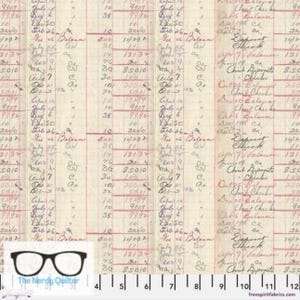 以下が含まれることがあります： クリーム色の背景に、薄れた赤インクで手書きのエントリーが施されたヴィンテージ台帳デザインのファブリックパネル。テキストには日付、数字、金融用語が含まれています。The Nerdy Quilterのロゴが一番下にあります。