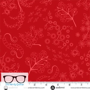 May include: Red fabric with a repeating floral pattern. The design features detailed outlines of flowers, leaves, and other botanical elements in a lighter shade of red. The fabric has a ruler along the bottom edge. The Nerdy Quilter and Andover Fabrics are also visible.