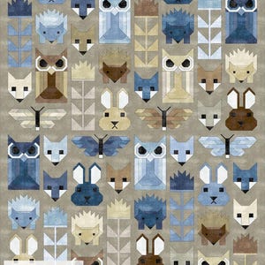 May include: A digital quilt pattern featuring a variety of woodland animals, including owls, foxes, rabbits, butterflies, and hedgehogs. The pattern is made up of geometric shapes in shades of blue, brown, and beige.