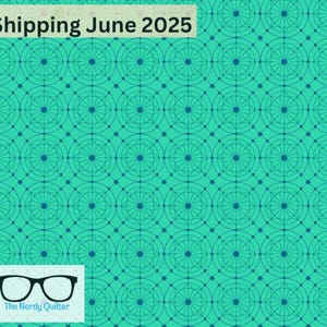 May include: Teal background with a repeating pattern of blue circles with a geometric design inside. The text "Shipping June 2025" is at the top of the image.