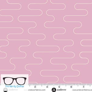 May include: A fabric with a repeating pattern of off-white, wavy lines on a light pink background. The fabric has a retro, mid-century modern aesthetic. The text "The Nerdy Quilter" and "andoverfabrics.com" are visible.