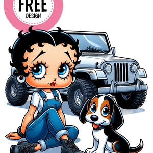Chica linda, PNG JPg, Betty Boop, coche y perro, diseño de camiseta png, descarga de vaquera, PNG chic de vaquera, diseño de sublimación chic de vaquera png