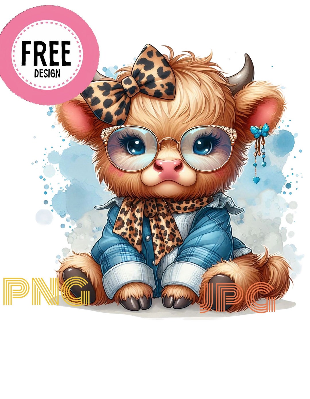 Highland Cow Watercolor Clipart Cute Leopard Bow Baby Cow PNG and JPG ...