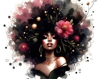 Watercolor PNG and JPg Beauty Afro Queen Sublimation, Spring Print, Black Woman ,Joy Woman Direct Happy easter afro messy bun