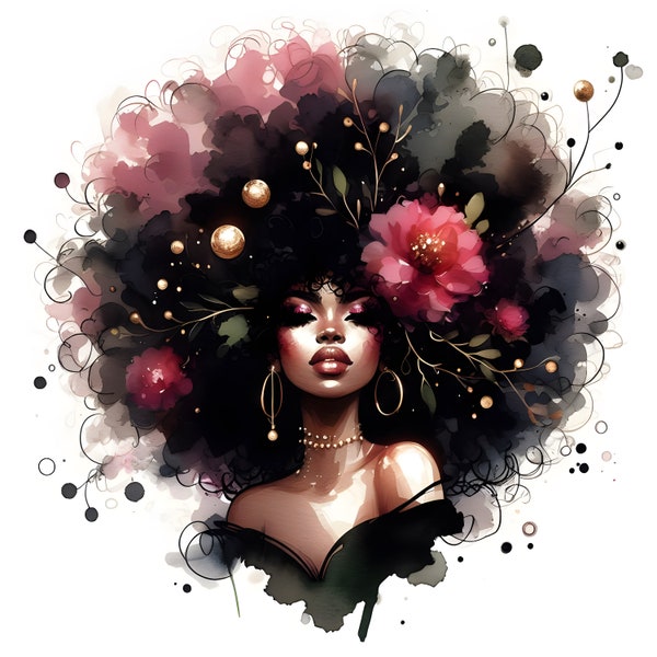 Watercolor PNG and JPg Beauty Afro Queen Sublimation, Spring Print, Black Woman ,Joy Woman Direct Happy easter afro messy bun