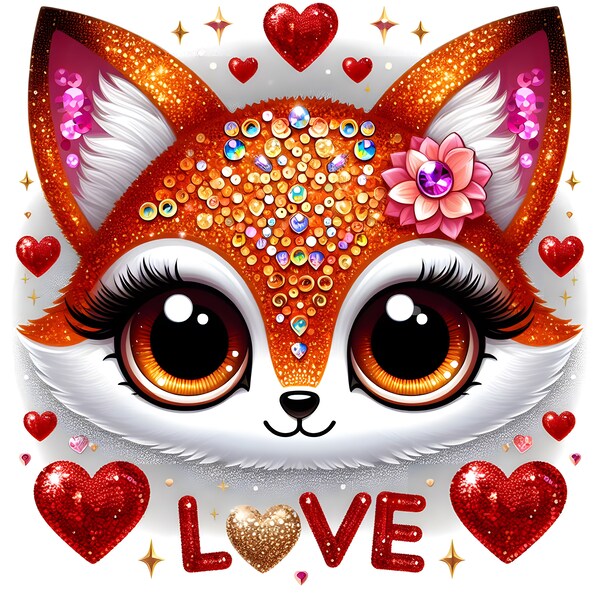 Cute Fox Clipart Magical Animals PNG and JpG Watercolor Gold Style Sublimation Love Los  Print  Meemeows Aphmau glitters diament Valentine