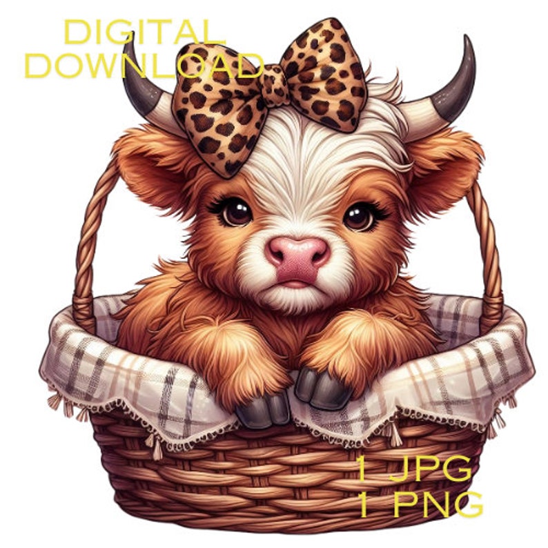 Highland Cow Watercolor Clipart Cute Leopard Bow Baby Cow PNG and JPG ...
