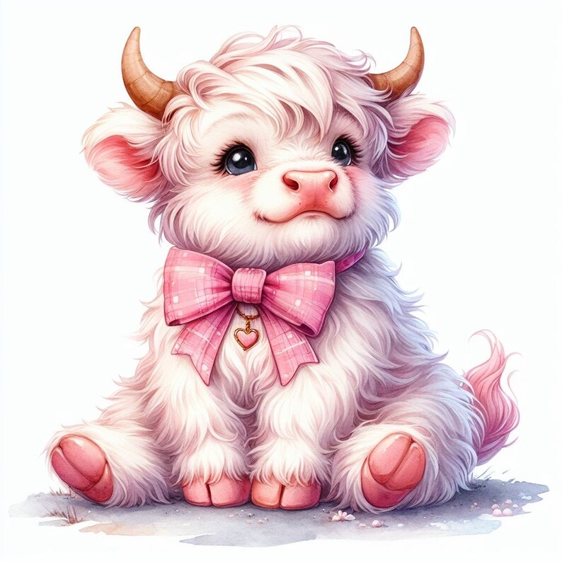 Highland Cow Watercolor Clipart Cute Pink Cute Bow Baby Cow PNG and JPG ...