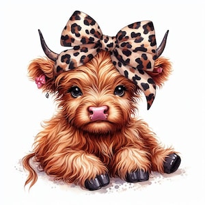 Highland vaca acuarela clipart lindo leopardo arco bebé vaca PNG y JPG vaca escocesa diseño gráfico ilustración imprimir libro para niños
