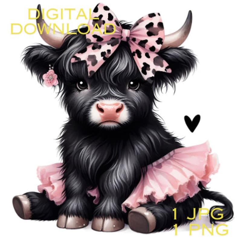 Highland Cow Watercolor Clipart Cute Leopard Bow Baby Cow PNG and JPG ...