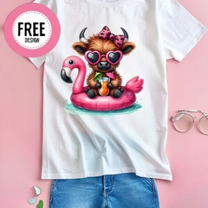 May include: A cartoon Highland cow wearing pink sunglasses and a pink bow, floating on a pink flamingo pool float and holding a tropical drink.