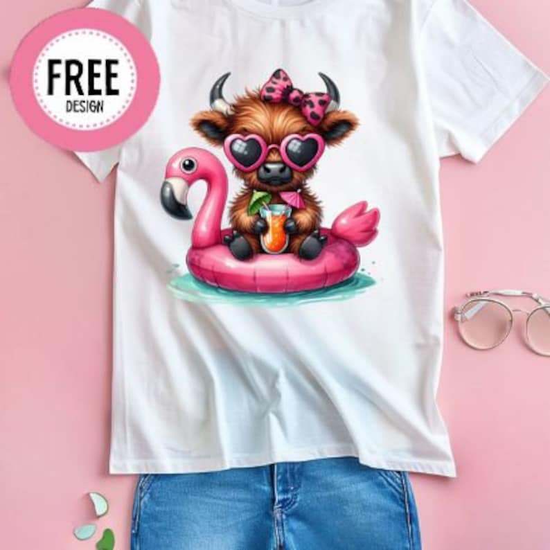 May include: A cartoon Highland cow wearing pink sunglasses and a pink bow, floating on a pink flamingo pool float and holding a tropical drink.
