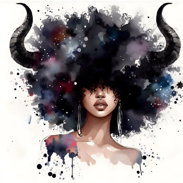 Afro  Taurus Girl Zodiac PNG File,Horoscope T-Shirt, Astrology Sublimation png, Clipart Instant Download png, watercolor png,abstract png