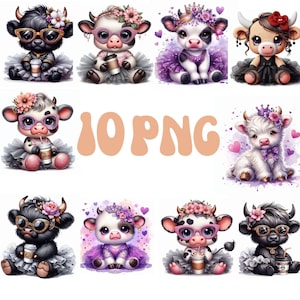 10 PNG vache Highland aquarelle Clipart café latte léopard noeud bébé plage vibes vache Highland PNG, génisse drôle, vacances d'été à la plage fichier PNG