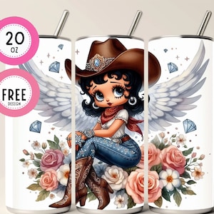 May include: A 20 oz stainless steel tumbler with a design featuring a cartoon cowgirl with angel wings, a cowboy hat, and a red bandana. The cowgirl is sitting on a bed of pink and white roses with diamonds scattered around her.
