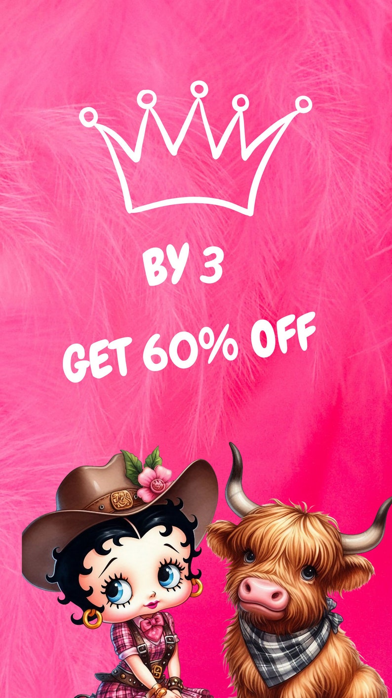 Może przedstawiać: R&oacute;żowe tło z białą koroną i tekstem "BY 3 GET 60% OFF". Rysunkowa postać kowbojki w brązowym kapeluszu i kratkowanej koszuli jadącej na brązowej krowie szkockiej.