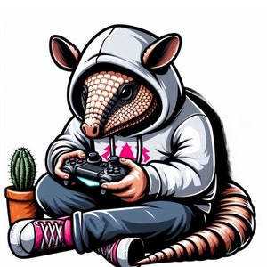 Armadillo che gioca ai videogiochi, PNG, JPg, armadillo da gioco, sublimazione, file armadillo digitale, armadillo in felpa con cappuccio, camicia armadillo png