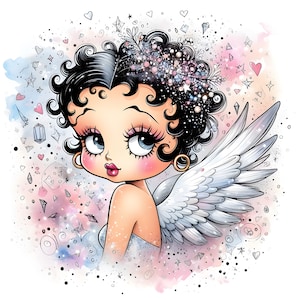 Puede incluir: Un ángel de dibujos animados con ojos grandes, cabello negro y una corona brillante. El ángel tiene alas blancas y está rodeado de un fondo de acuarela con corazones, estrellas y otras formas abstractas.