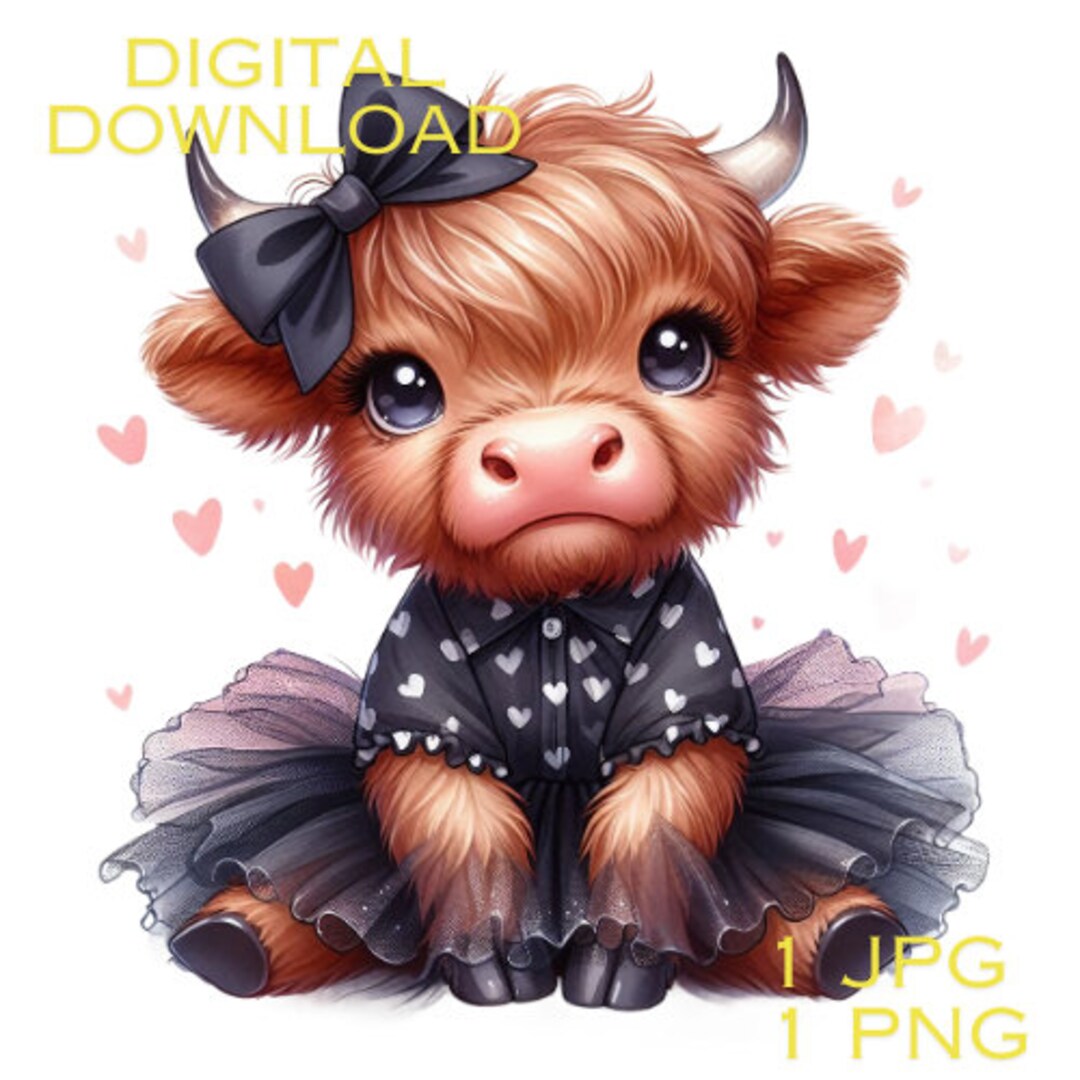 Highland Cow Watercolor Clipart Cute Leopard Bow Baby Cow PNG and JPG ...