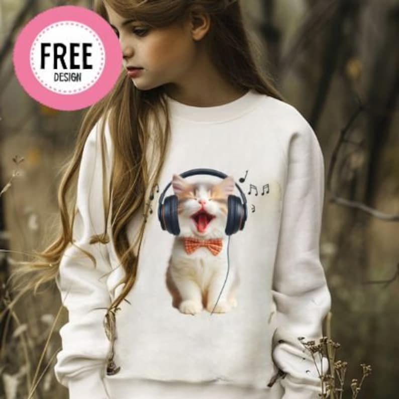 May include: White sweatshirt with a graphic of a cat wearing headphones and singing. The cat is orange and white with a red bow tie. The text "FREE DESIGN" is in a pink box in the upper left corner of the image.