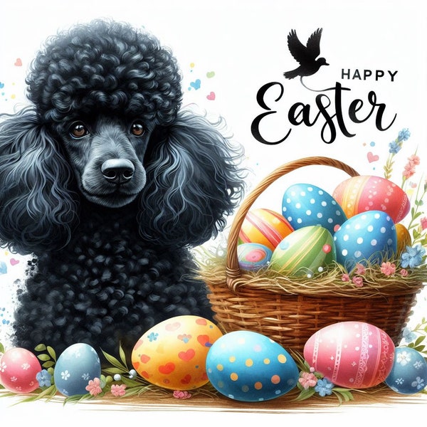 Black  Poodle Happy easter ,Watercolor,Art Print,Animal Poster,Poodle png,PNG and JPG  Graphics Happy easter LoVe Poodle Sublimation,