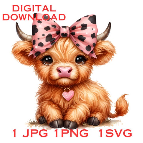 Highland Cow SVG,PNG,JPG Watercolor Clipart Cute  Leopard Bow Baby Cow  Scottish Cow Graphic Design Illustration for Print childrens book