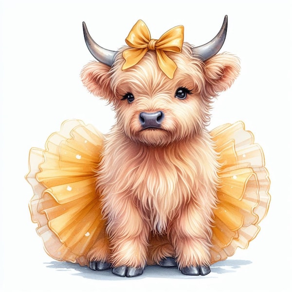 Highland Cow Watercolor Clipart Cute Leopard Bow Baby Cow PNG and JPG Scottish Cow Graphic Design Illustration Print childrens book