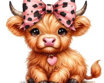 Highland Cow Watercolor Clipart Cute  Leopard Bow Baby Cow PNG and JPG Scottish Cow Graphic Design Illustration Print childrens book