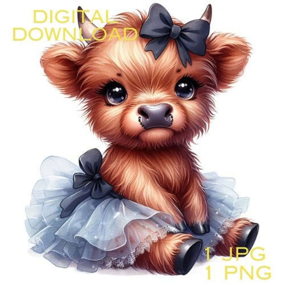 Highland Cow Watercolor Clipart Cute Leopard Bow Baby Cow PNG and JPG ...