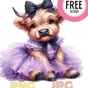 Highland Cow Acquerello Clipart Cute Leopard Bow Baby Cow PNG e JPG Scottish Cow Graphic Design Illustration Stampa libro per bambini