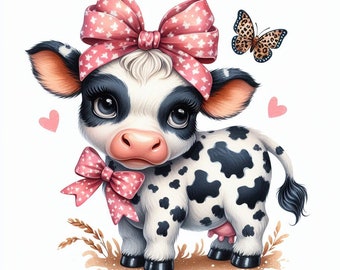 May include: A cute cartoon illustration of a black and white spotted calf wearing a pink bow and a pink bow on its head. The calf is standing on a brown surface with wheat stalks. A butterfly is flying in the upper right corner of the image.