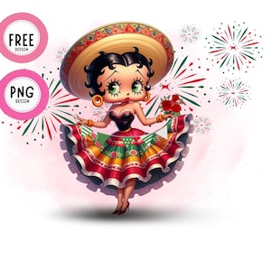 Peut inclure: Illustration de dessin animé d'une femme portant un sombrero et une robe colorée, tenant des roses rouges. L'image a un thème festif avec des feux d'artifice en arrière-plan. Cercles roses avec le texte "FREE DESIGN" et "PNG DESIGN" en haut à gauche.