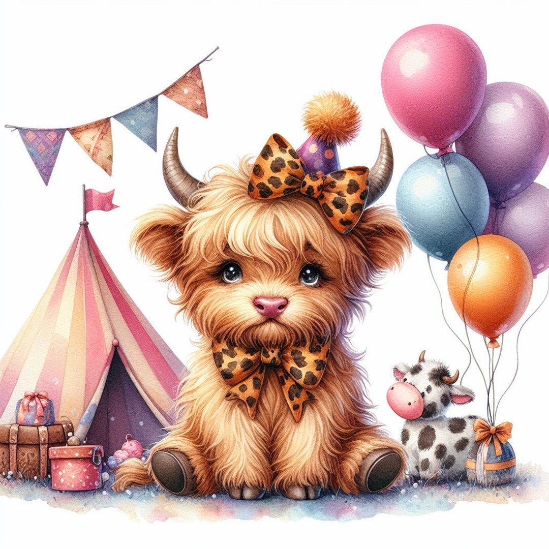 Highland Cow Watercolor Clipart Cute Leopard Bow Baby Cow PNG and JPG ...