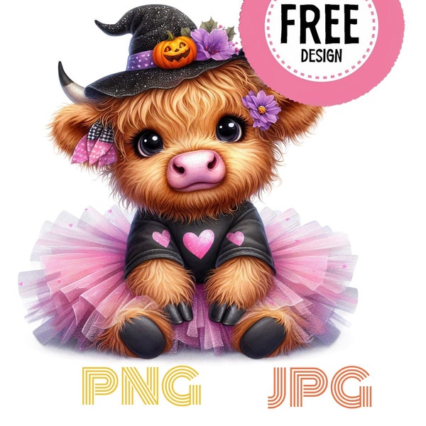 Trick or treat png Halloween Highland Cow Watercolor Clipart Cute Leopard Bow Baby Cow PNG and JPG Scottish Cow Graphic Design Illustration