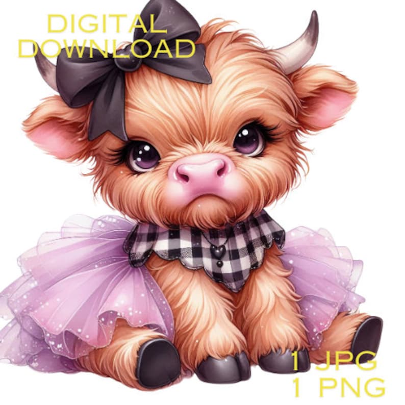 Highland Cow Watercolor Clipart Cute Leopard Bow Baby Cow PNG and JPG ...