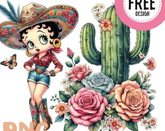 Betty Boop cowgirl chic chibi e mucca carina messicana con San Valentino amore PNG Digital Download fiori selvatici mucca accogliente ragazza messicana