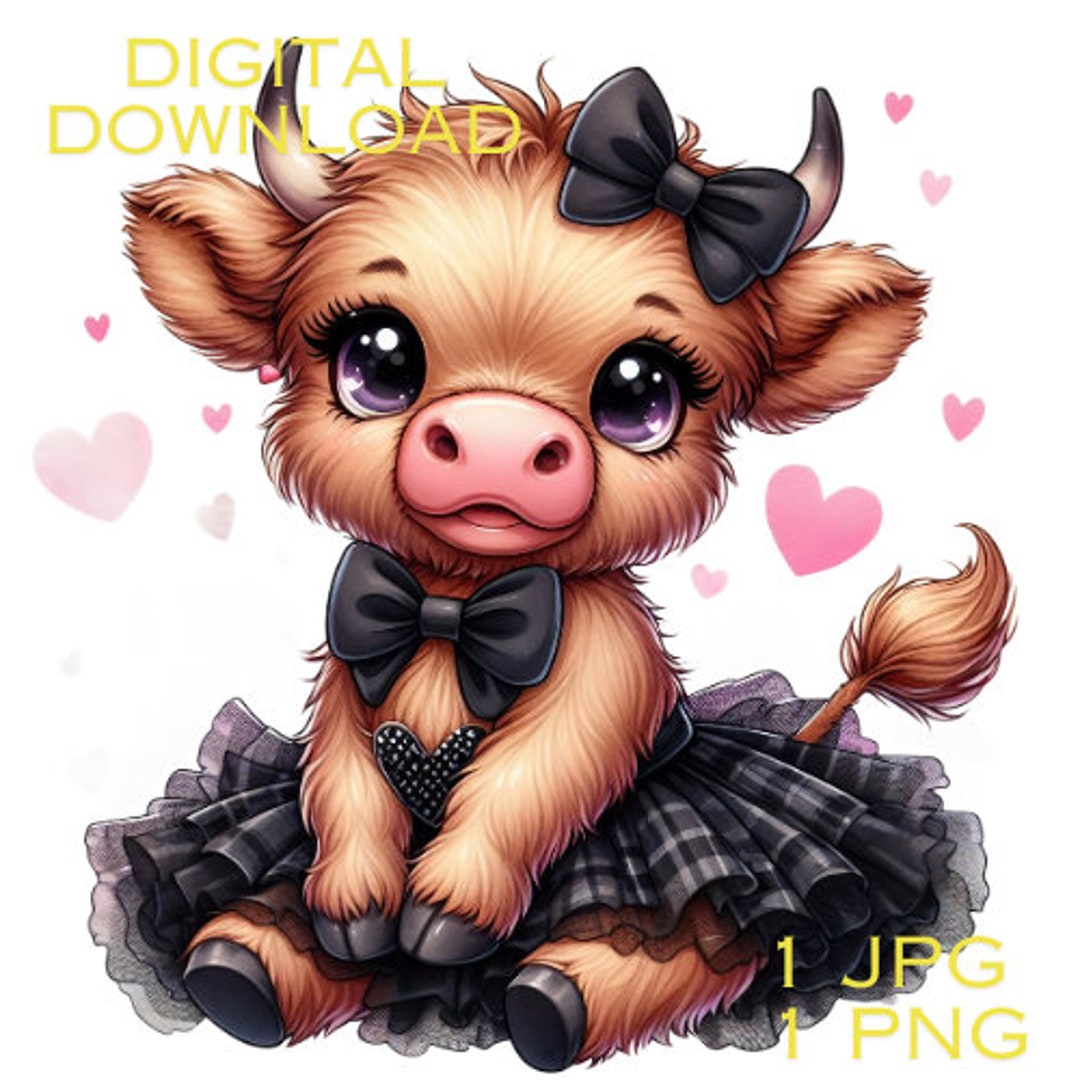 Highland Cow Watercolor Clipart Cute Leopard Bow Baby Cow PNG and JPG ...